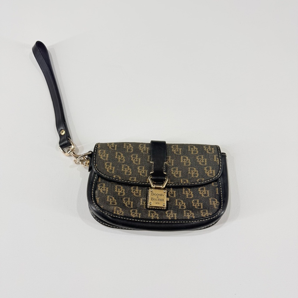 Dooney & Bourke Monogrammed Tan and Black Wristlet Clutch